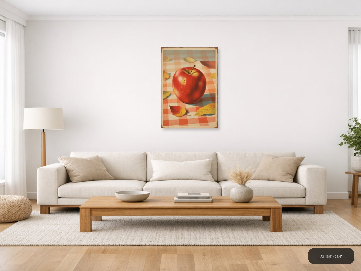 Red Apple with Autumn Leaves Vintage Checkered Wall Art — A2 / Living Room