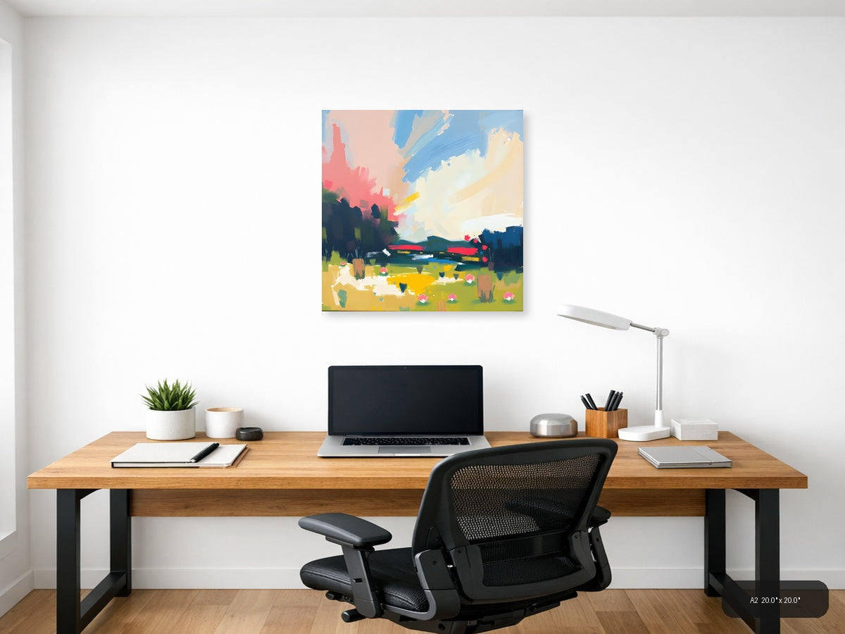 Abstract Landscape with Pink Sky & Green Fields Wall Art — A2 / Office