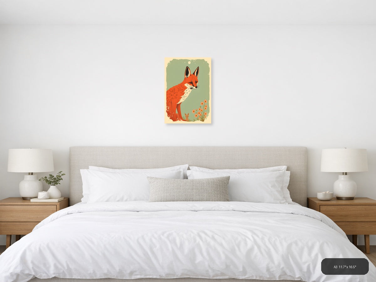 Red Fox and Cat Vintage Botanical Wall Art — A3 / Bedroom
