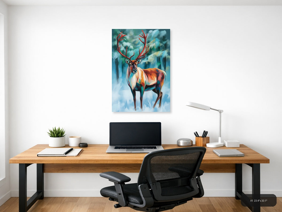 Majestic Red Deer Abstract Winter Forest Wall Art — A1 / Office