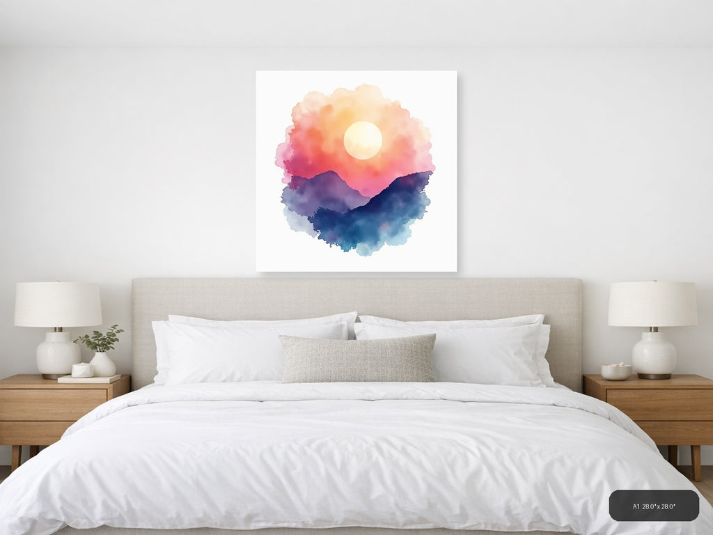 Watercolor Mountain Sunset with Moon Wall Art — A1 / Bedroom
