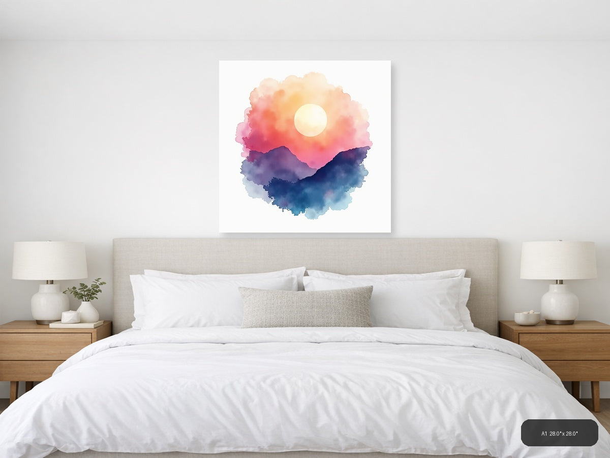 Watercolor Mountain Sunset with Moon Wall Art — A1 / Bedroom
