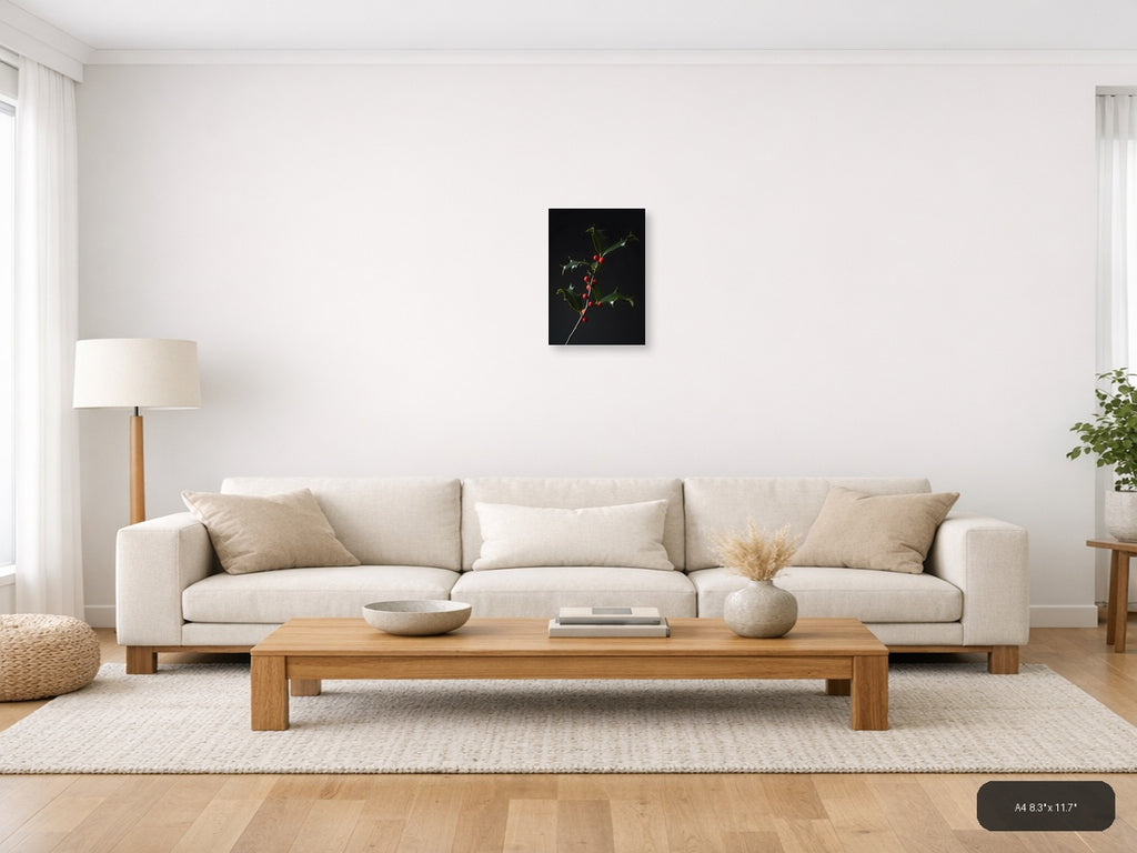 Holly Branch with Red Berries | Fine Art Photography Wall Art — A4 / Living Room