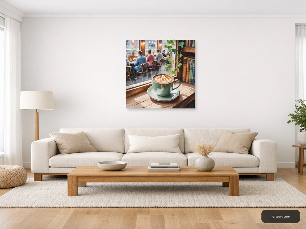 Cozy Café Latte Watercolor Window Scene Wall Art — A2 / Living Room
