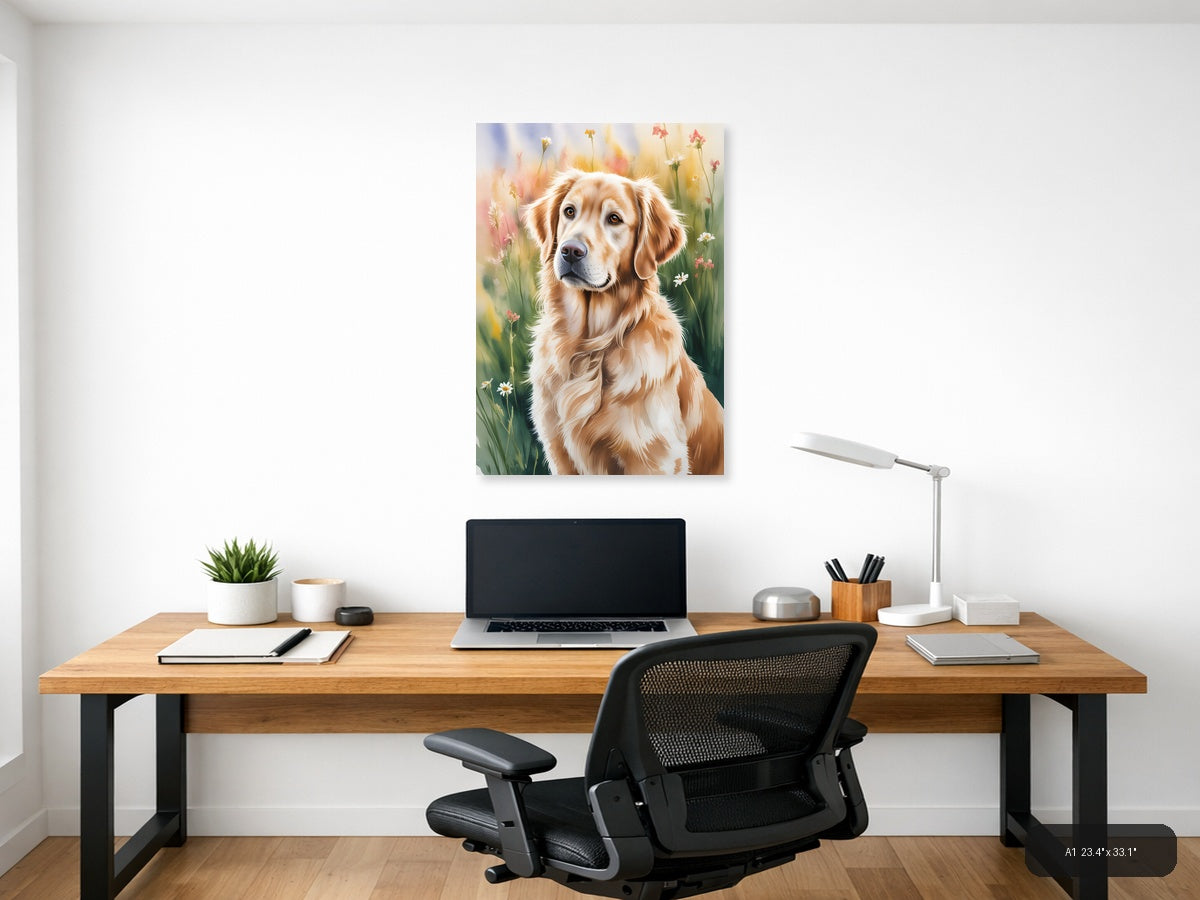 Golden Retriever in Wildflower Meadow Watercolor Wall Art — A1 / Office