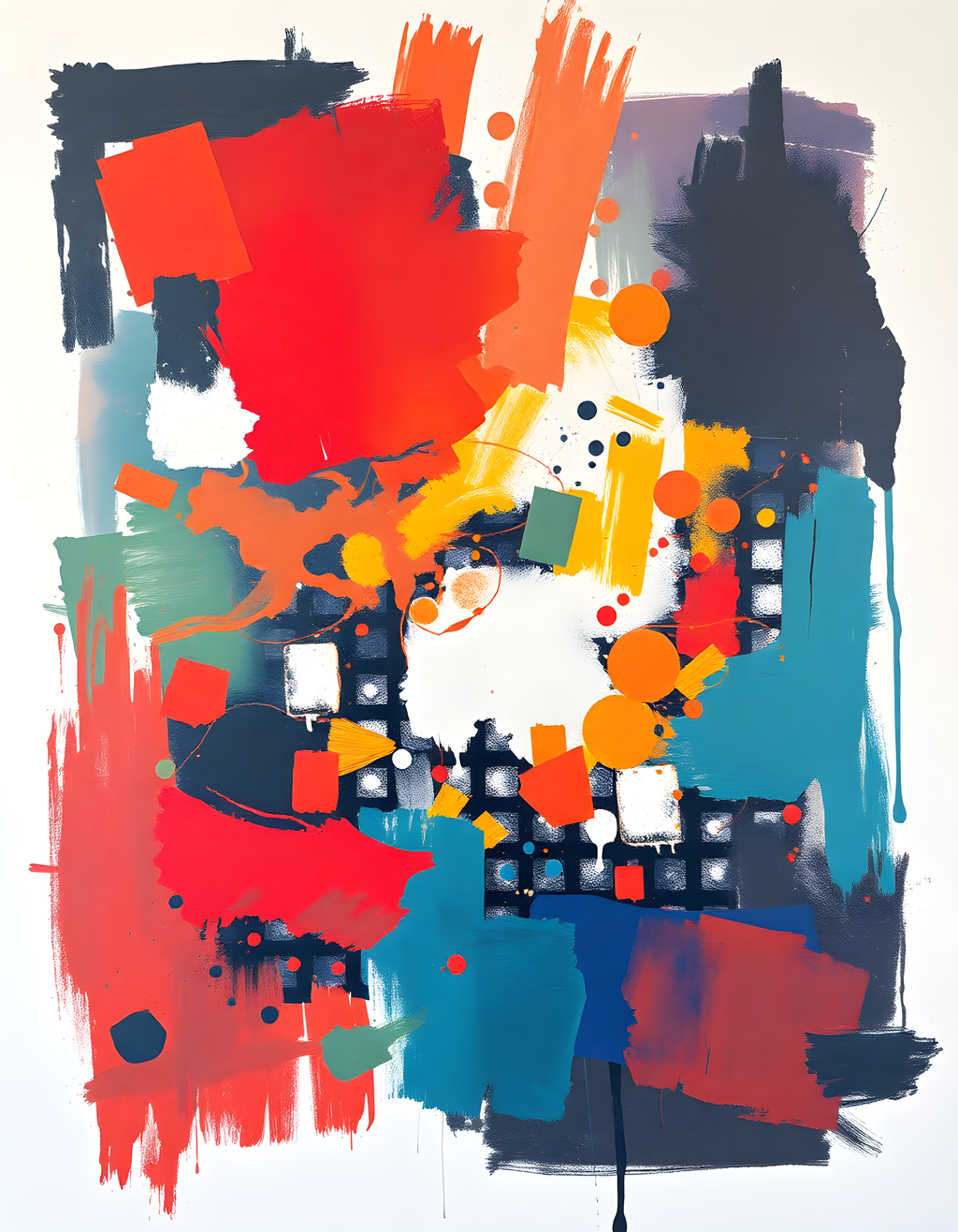 Bold Abstract Composition Red Orange Teal Wall Art