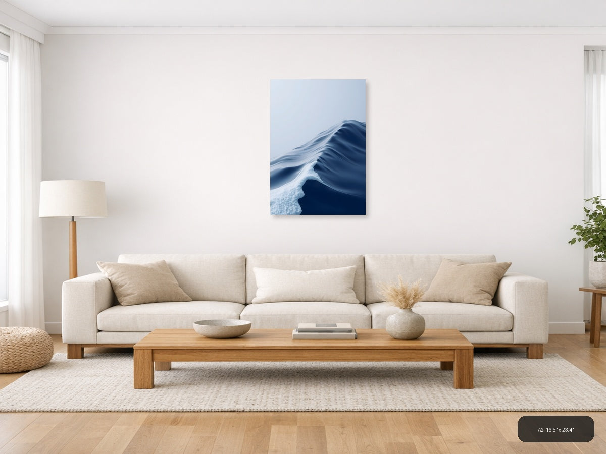 Minimalist Snow Dune Abstract Blue White Wall Art — A2 / Living Room
