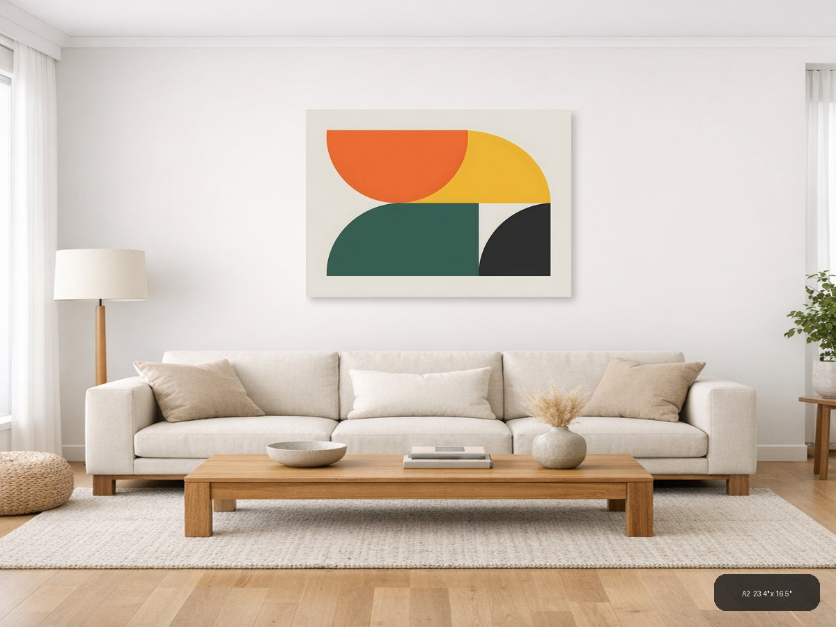 Minimalist Geometric Shapes Orange Yellow Green Wall Art — A2 / Living Room