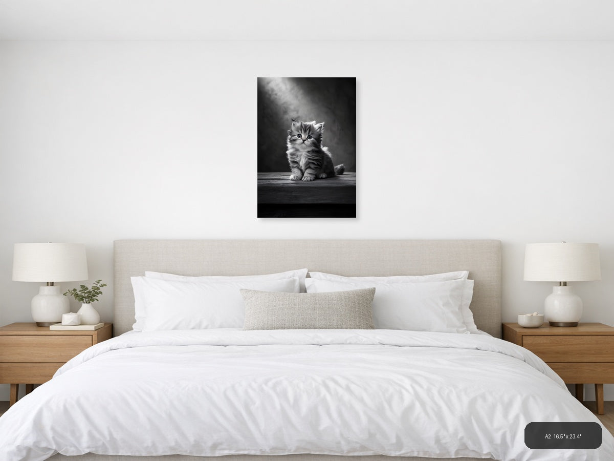 Fluffy Kitten Portrait Black and White Photography Wall Art — A2 / Bedroom