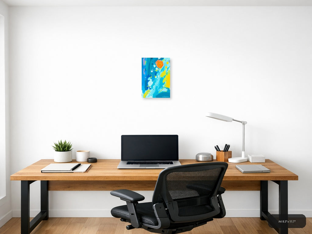Abstract Blue Sky with Orange Sun & Planets Wall Art — A4 / Office