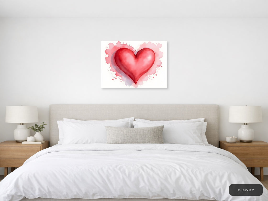 Red Heart Watercolor Splash Modern Wall Art — A3 / Bedroom