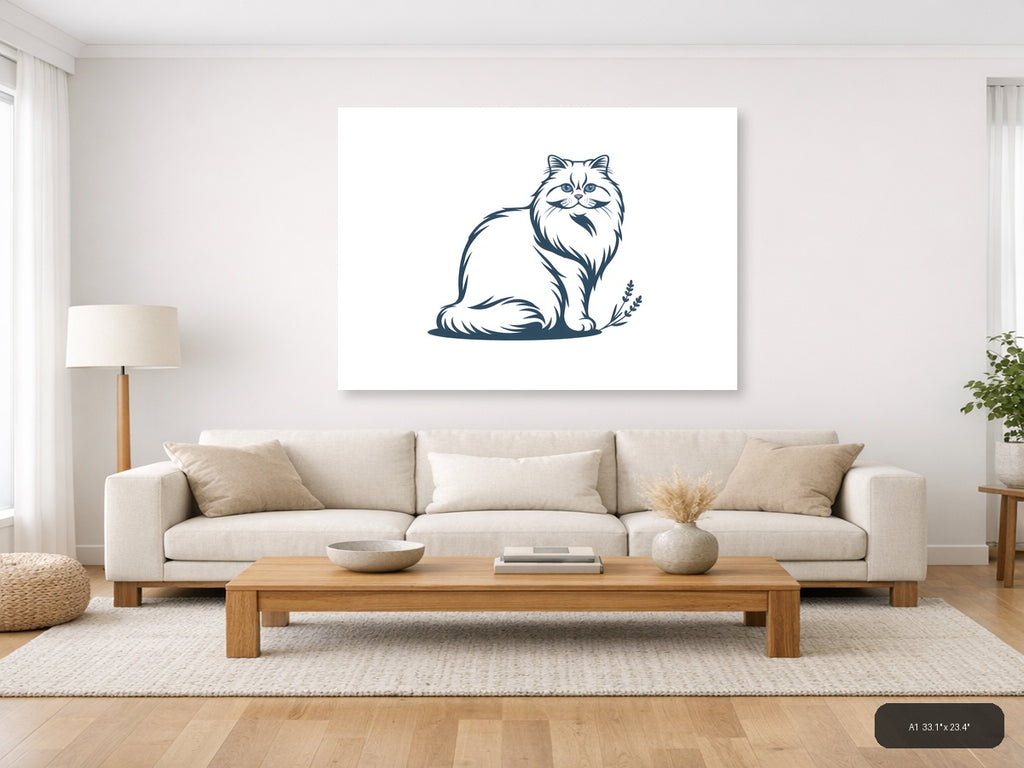 Minimalist Persian Cat with Mustache Wall Art — A1 / Living Room