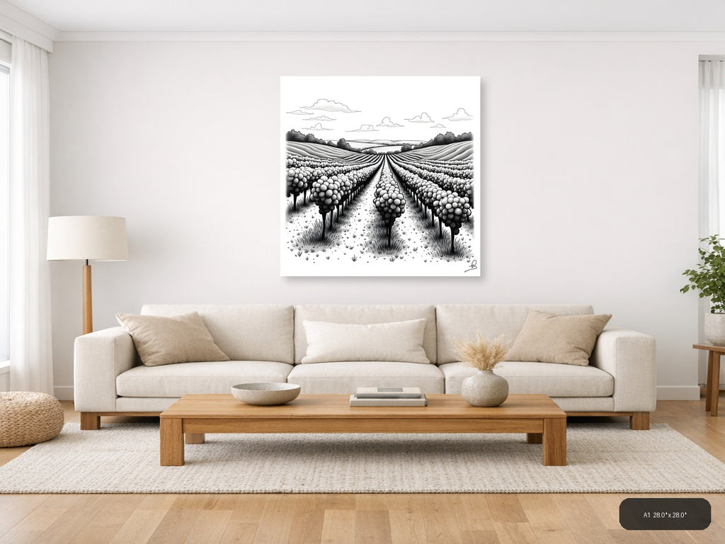 Vineyard Rows Line Art Illustration Wall Art — A1 / Living Room