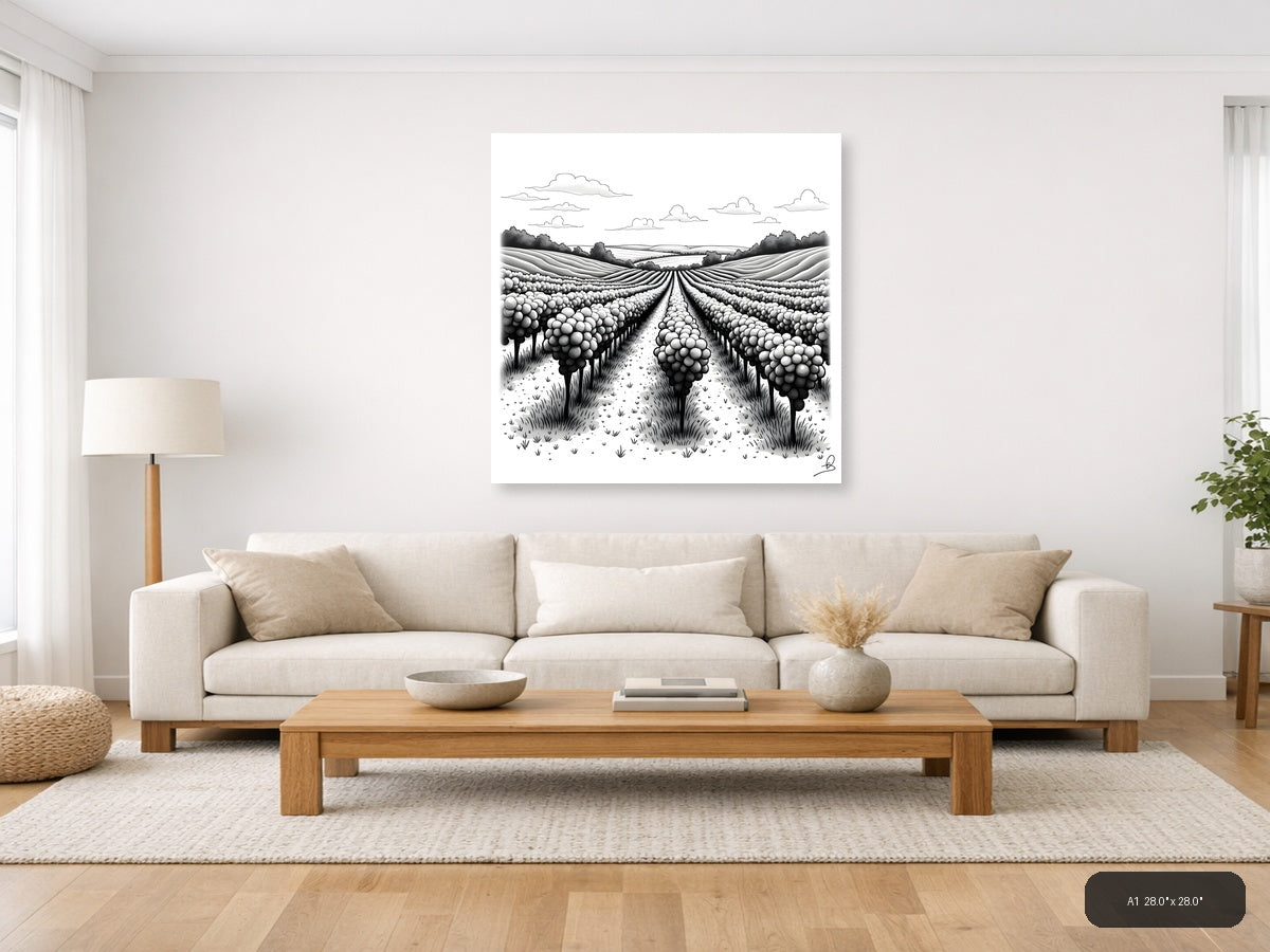 Vineyard Rows Line Art Illustration Wall Art — A1 / Living Room