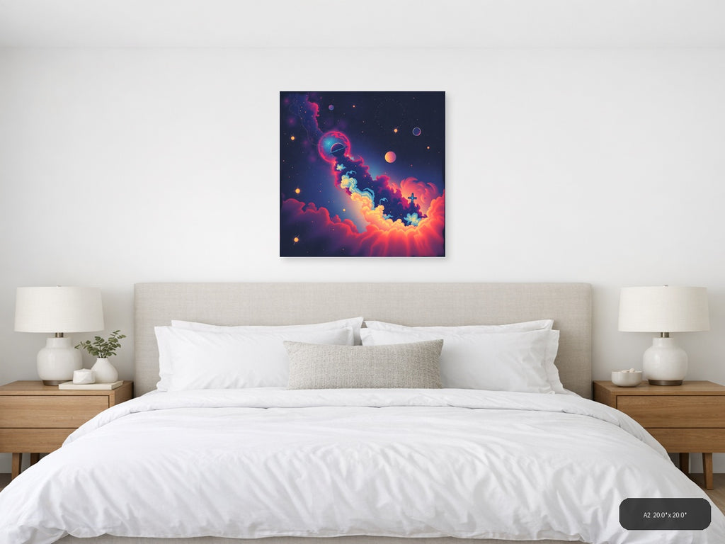 Vintage Cosmic Galaxy with Planet and Cross Wall Art — A2 / Bedroom