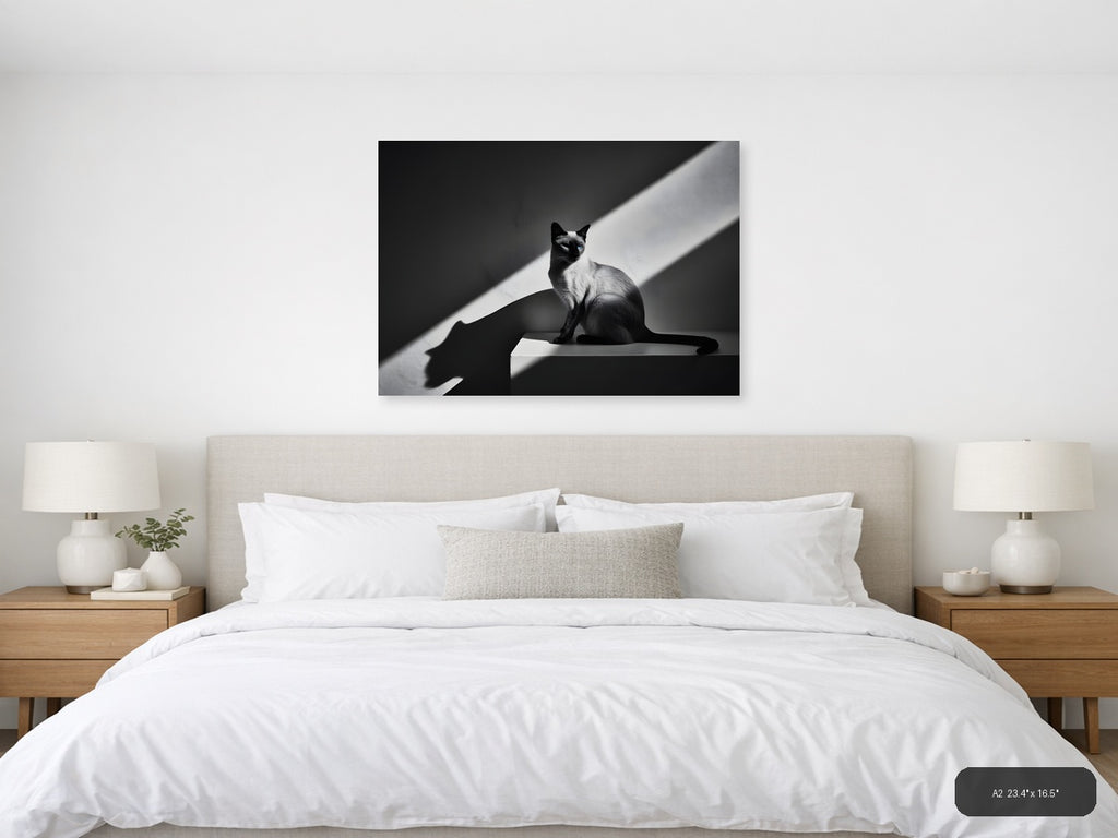 Siamese Cat in Sunlight - Black White Photography Wall Art — A2 / Bedroom
