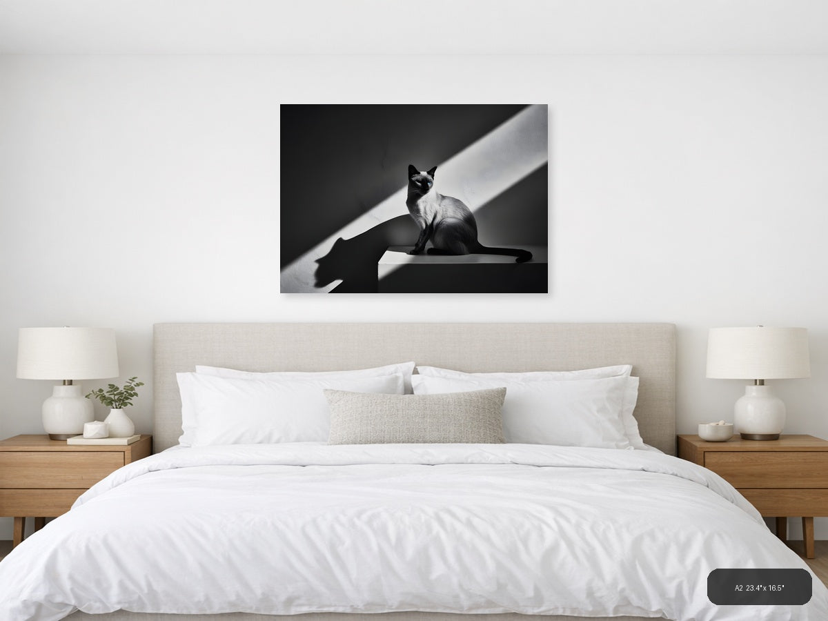 Siamese Cat in Sunlight - Black White Photography Wall Art — A2 / Bedroom
