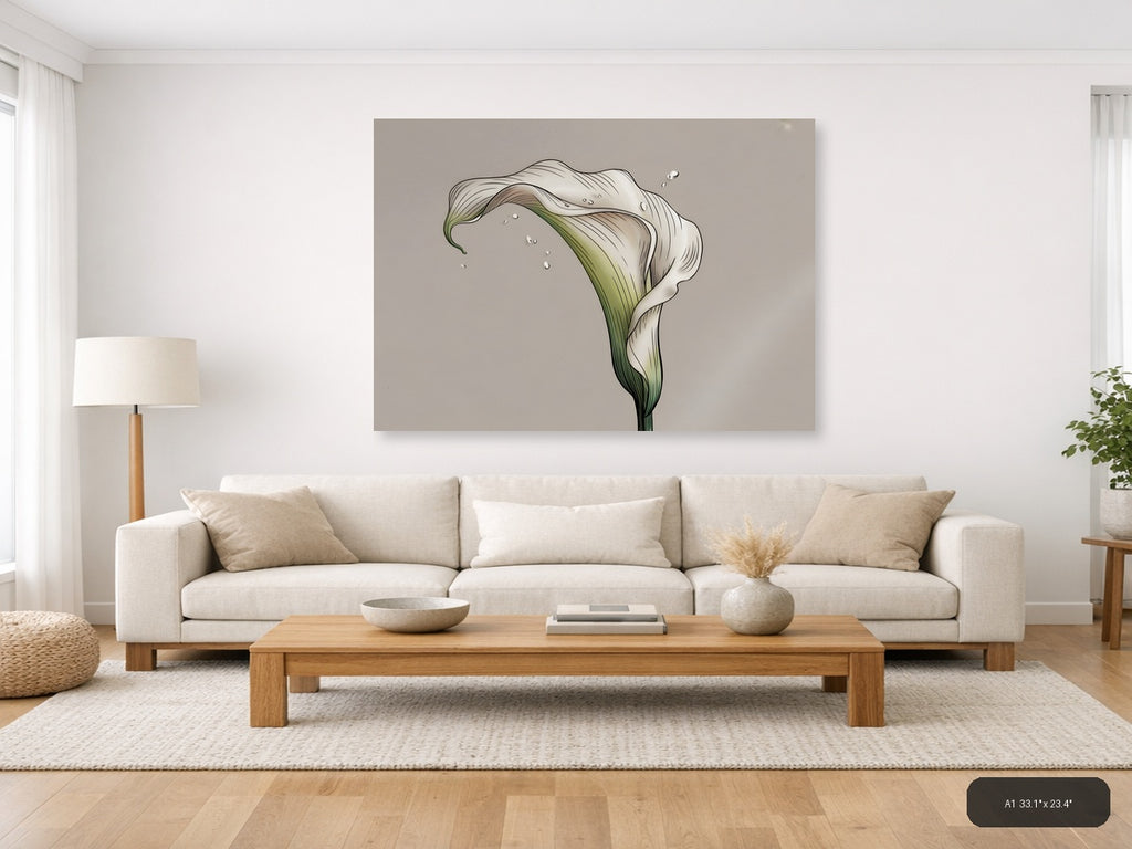 White Calla Lily with Water Drops Line Art Wall Art — A1 / Living Room