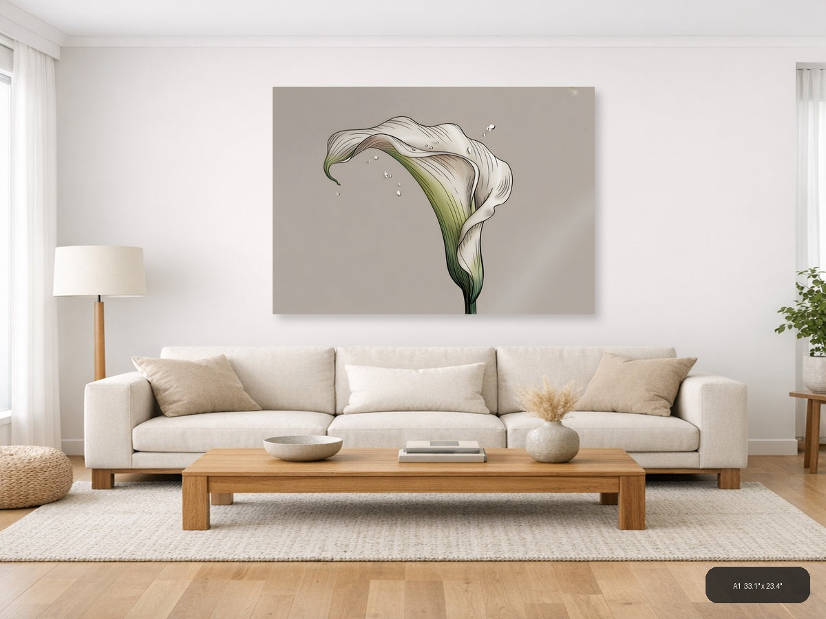 White Calla Lily with Water Drops Line Art Wall Art — A1 / Living Room