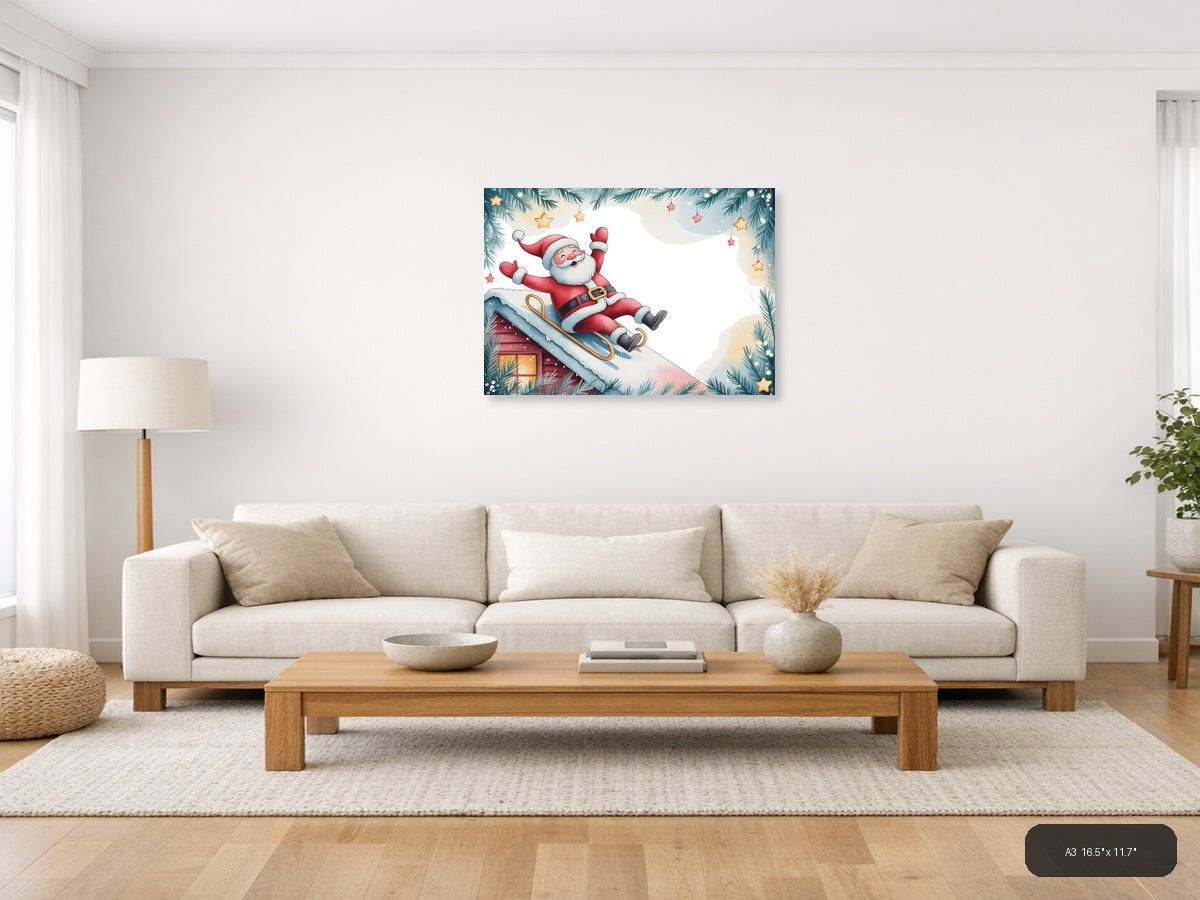 Santa Sledding Watercolor Christmas Wall Art — A3 / Living Room