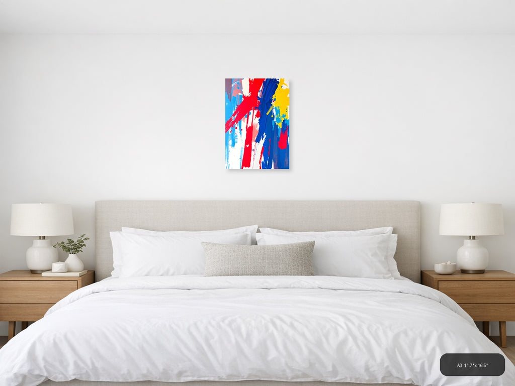 Bold Red Blue Yellow Abstract Brushstroke Wall Art — A3 / Bedroom