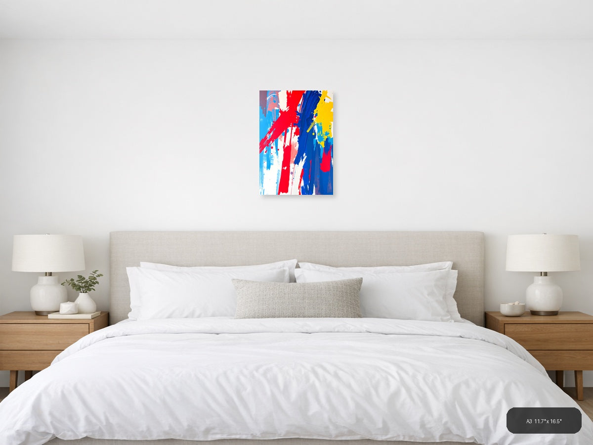 Bold Red, Blue & Yellow Abstract Brushstrokes Wall Art — A3 / Bedroom