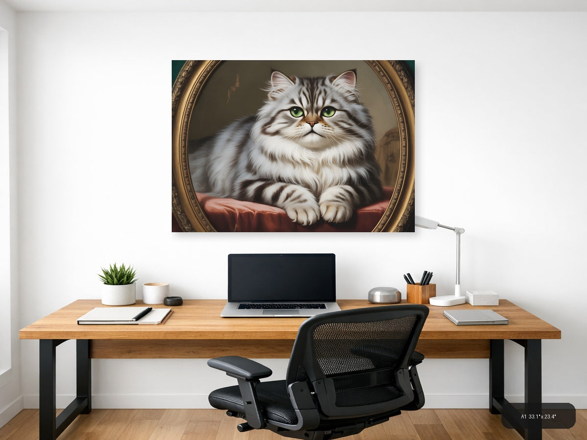 Fluffy Tabby Cat Portrait - Vintage Style Wall Art — A1 / Office