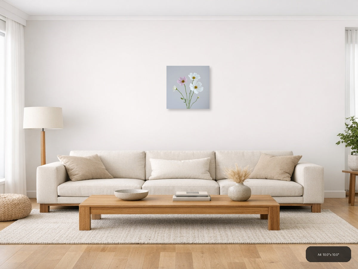 Minimalist Cosmos Flowers Pink White Wall Art — A4 / Living Room