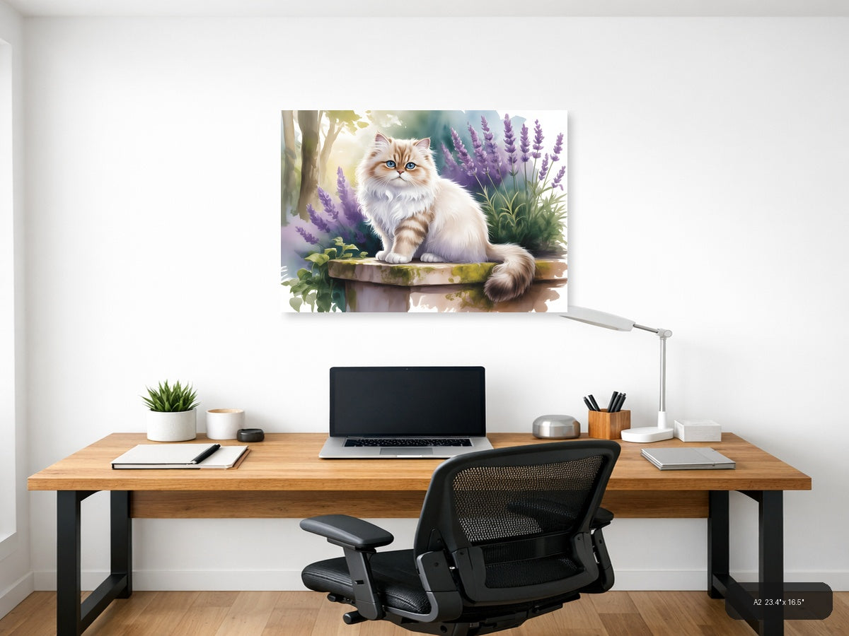 Fluffy Cat with Blue Eyes in Lavender Garden Watercolor Wall Art — A2 / Office