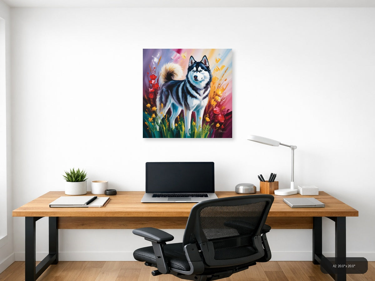 Husky Dog with Colorful Flowers Abstract Wall Art — A2 / Office