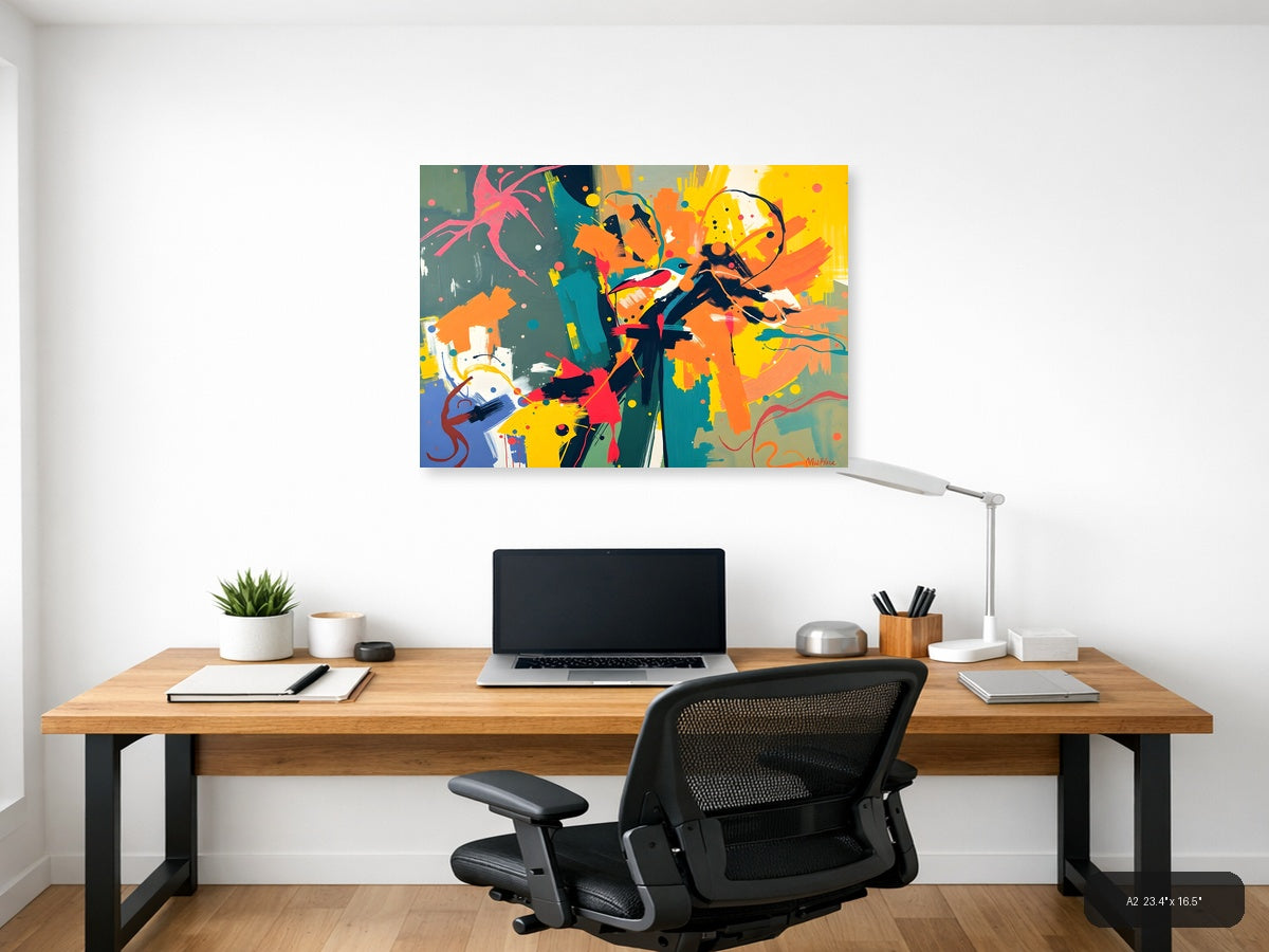 Vibrant Abstract Bird & Botanical Splash Wall Art — A2 / Office