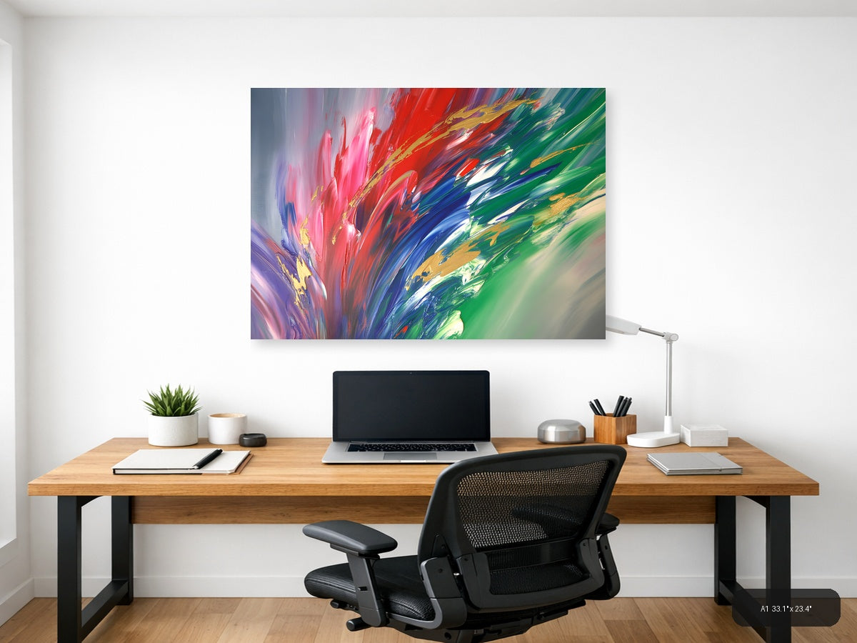 Vibrant Abstract Explosion: Pink, Red & Green Wall Art — A1 / Office