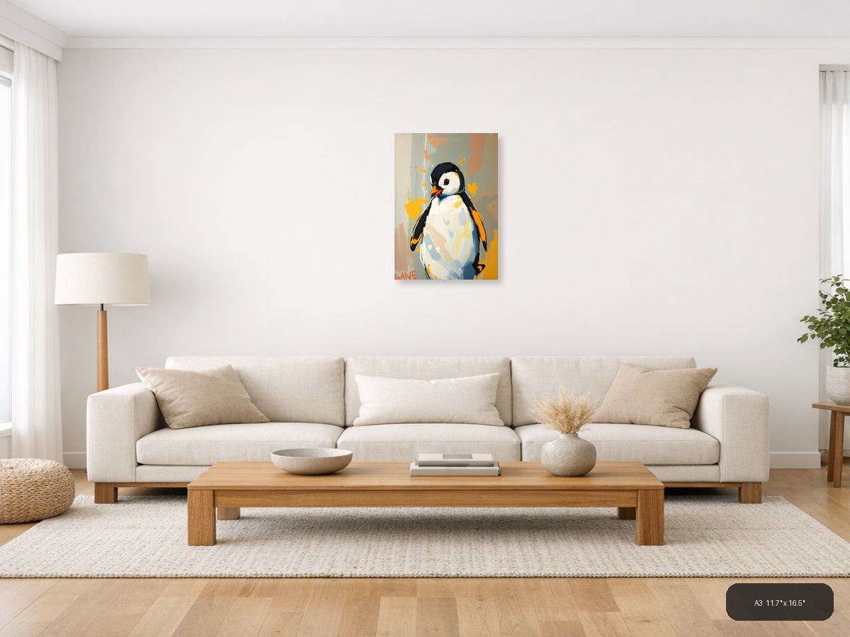Abstract Penguin Portrait with Orange Splashes Wall Art — A3 / Living Room