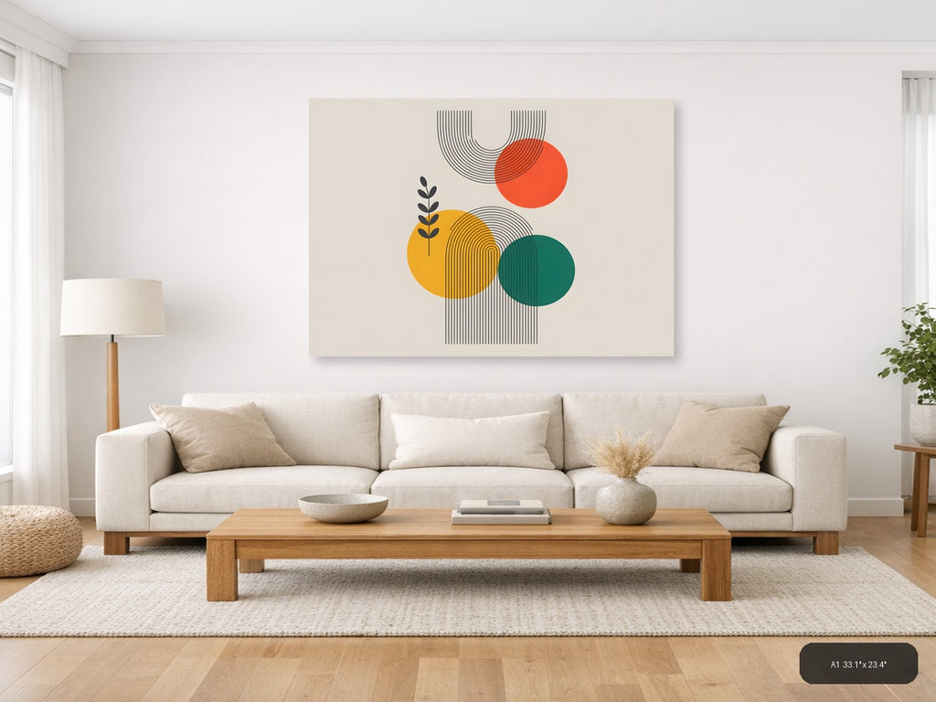 Abstract Line Art with Geometric Circles & Botanical Leaf Wall Art — A1 / Living Room