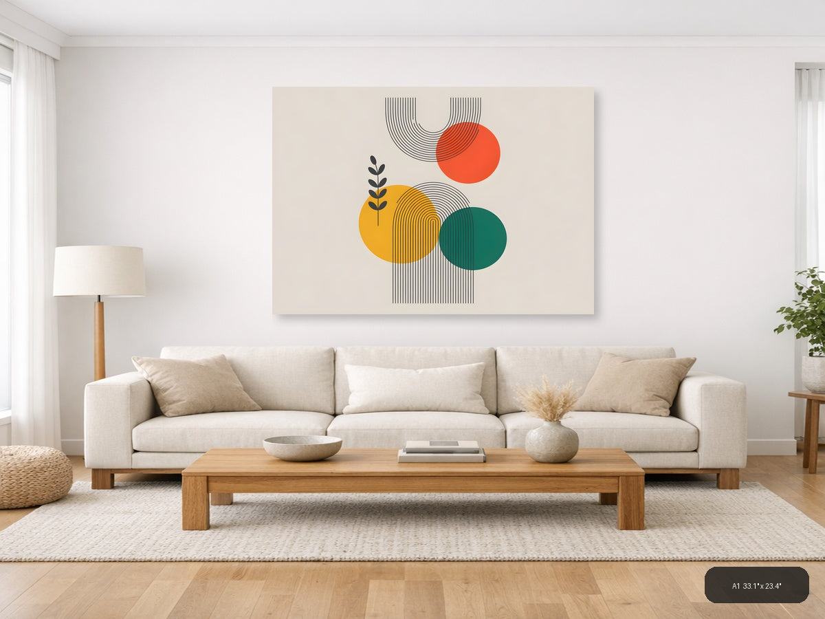 Abstract Line Art with Geometric Circles & Botanical Leaf Wall Art — A1 / Living Room