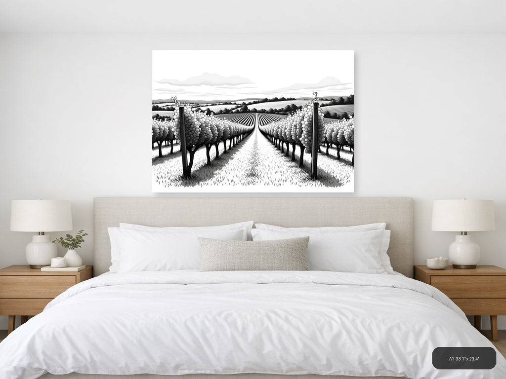 Vineyard Rows Line Art - Black & White Landscape Wall Art — A1 / Bedroom