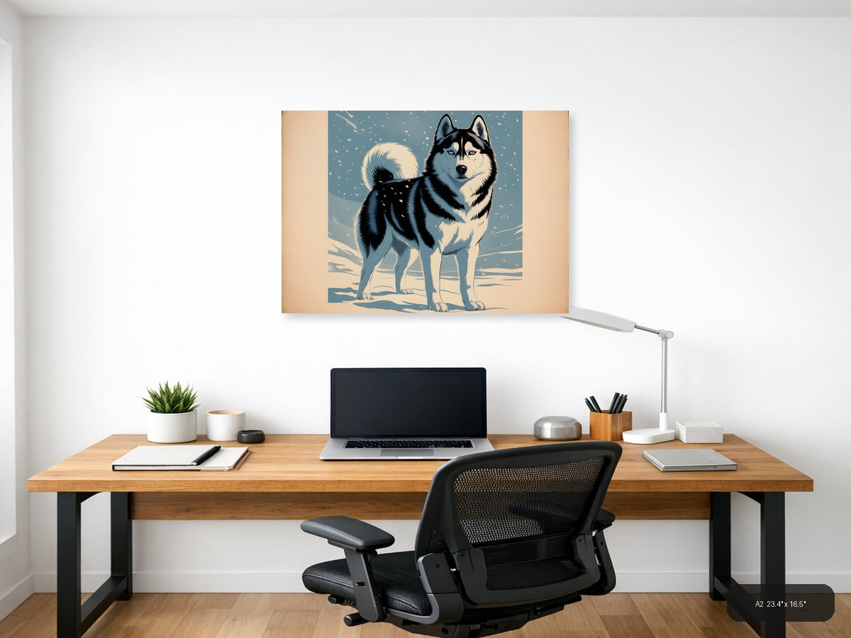 Husky in Snow - Vintage Winter Dog Wall Art — A2 / Office