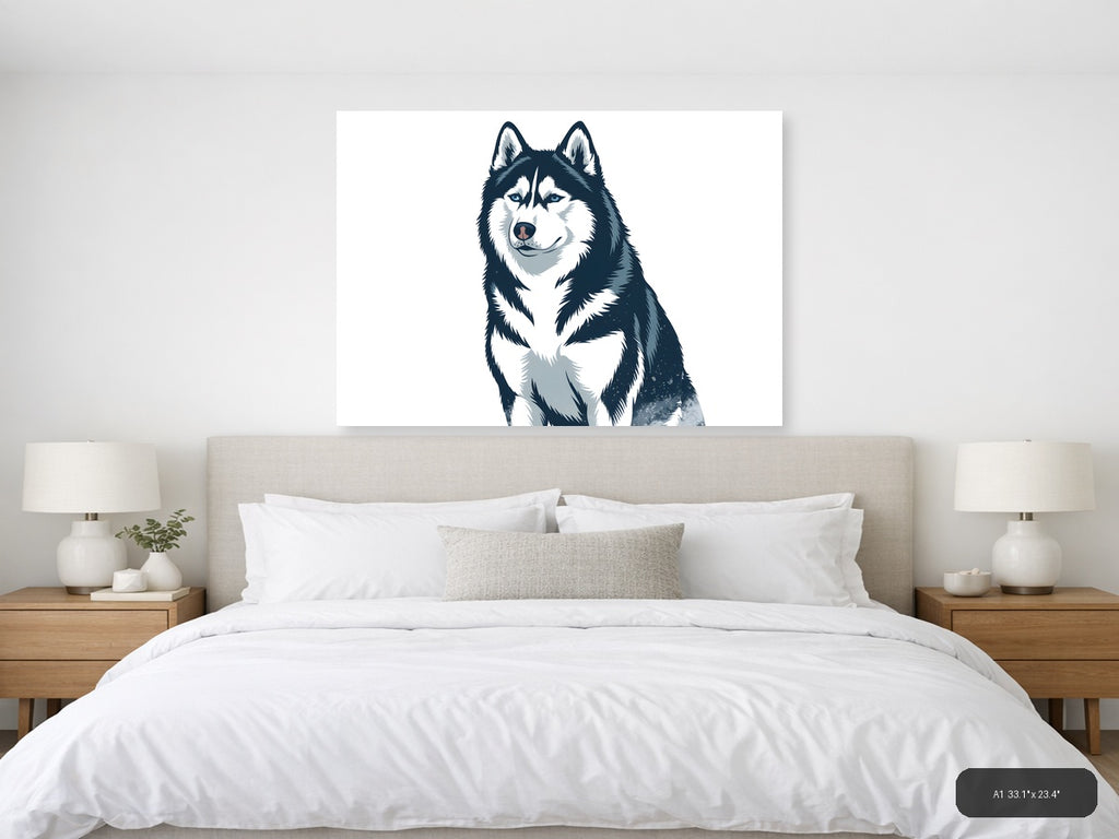 Husky Portrait Minimalist Black and White Wall Art — A1 / Bedroom