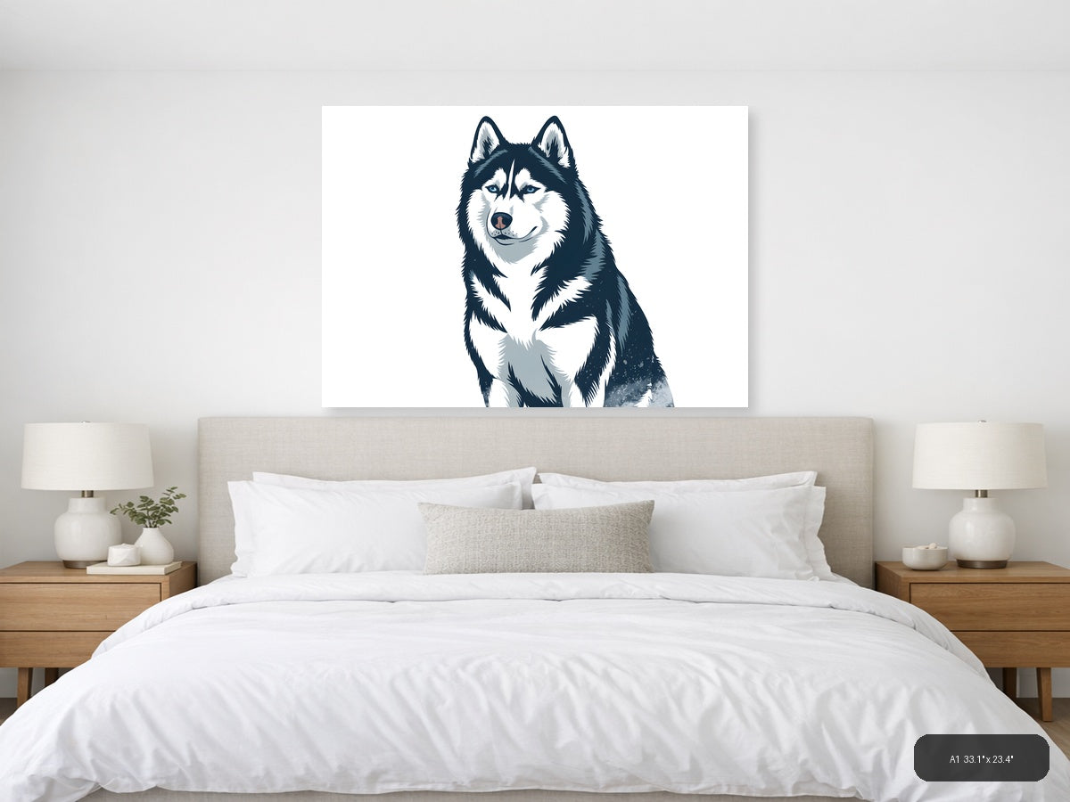Husky Portrait Minimalist Black and White Wall Art — A1 / Bedroom
