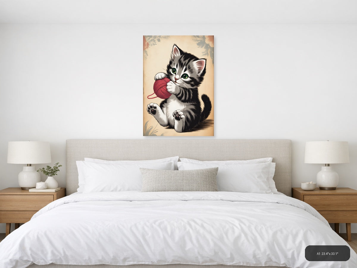 Playful Kitten with Red Yarn Ball Vintage Wall Art — A1 / Bedroom