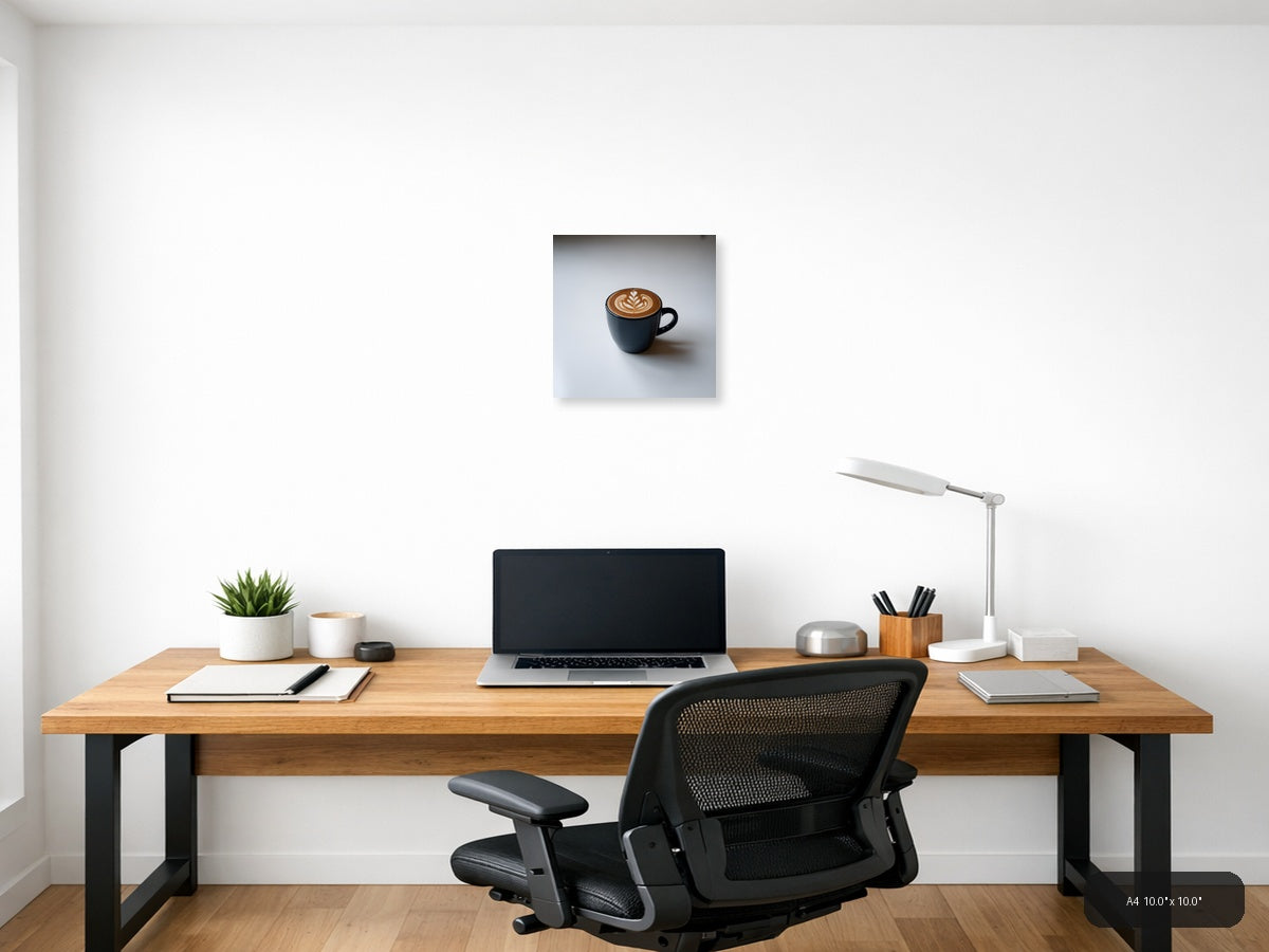 Minimalist Black Coffee Cup with Latte Art Wall Art — A4 / Office