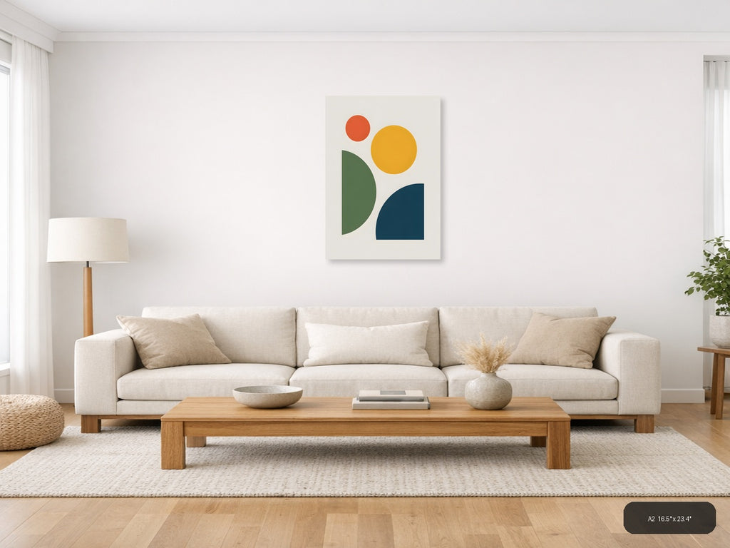 Minimalist Geometric Shapes in Green, Gold & Navy Wall Art — A2 / Living Room