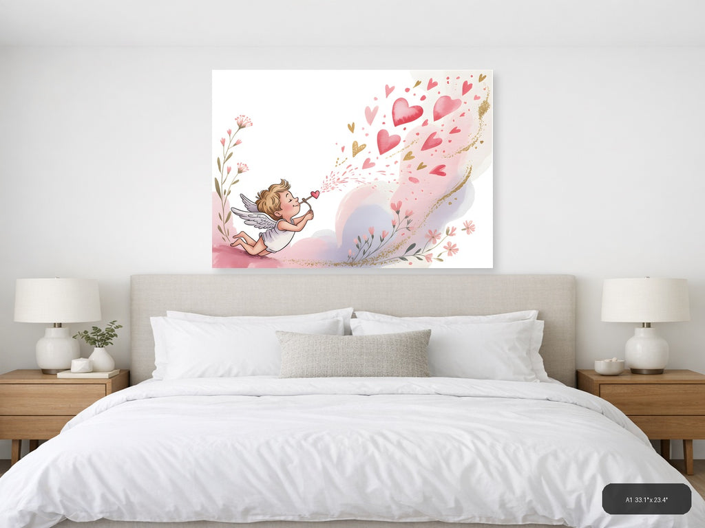 Cupid Blowing Hearts Watercolor Landscape Wall Art — A1 / Bedroom