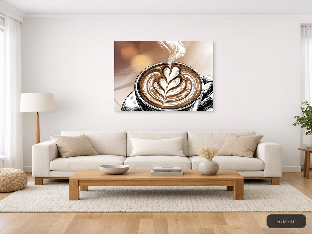 Latte Art Line Art - Coffee Cup with Heart Design Wall Art — A2 / Living Room