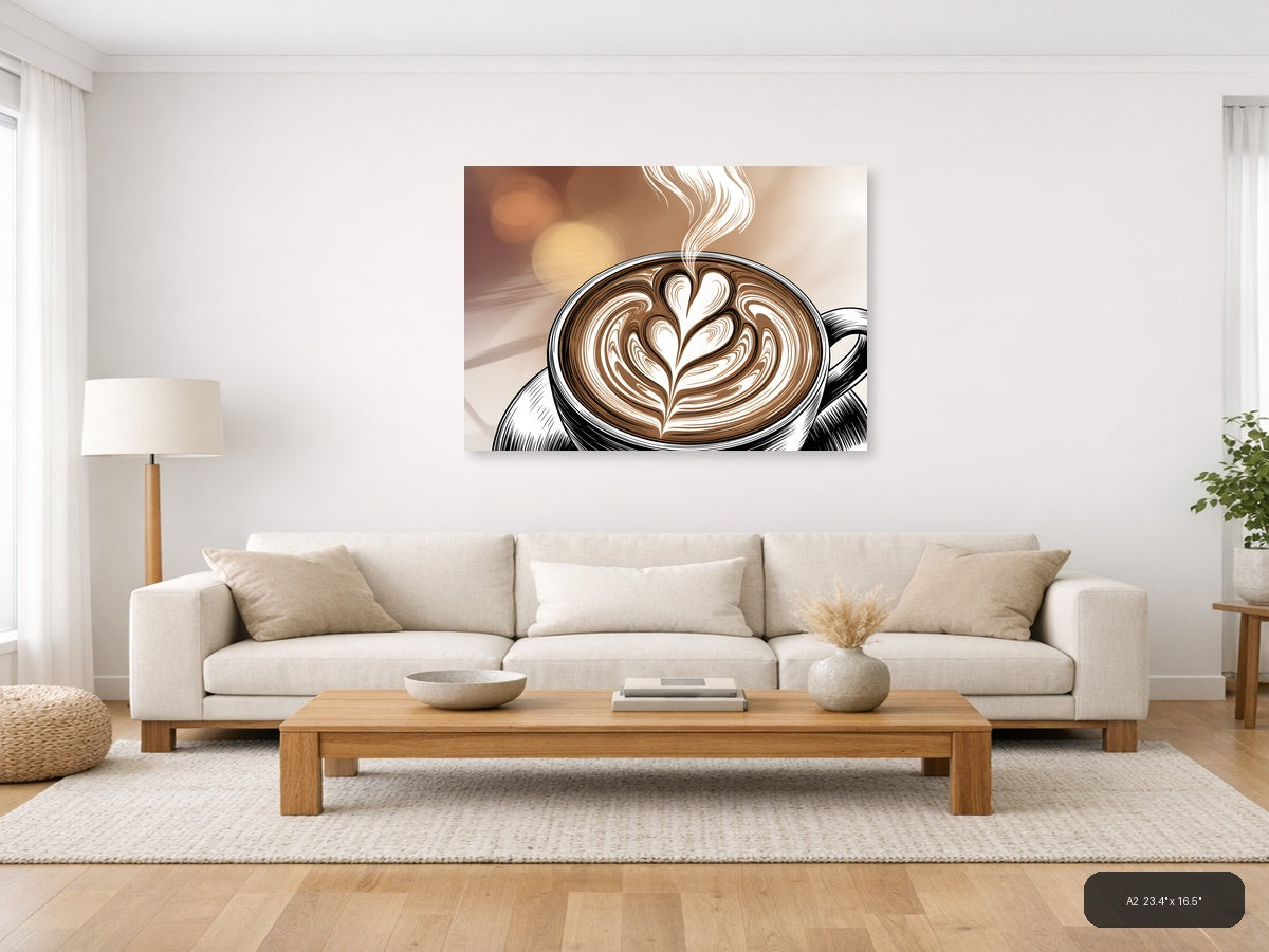 Latte Art Line Art - Coffee Cup with Heart Design Wall Art — A2 / Living Room