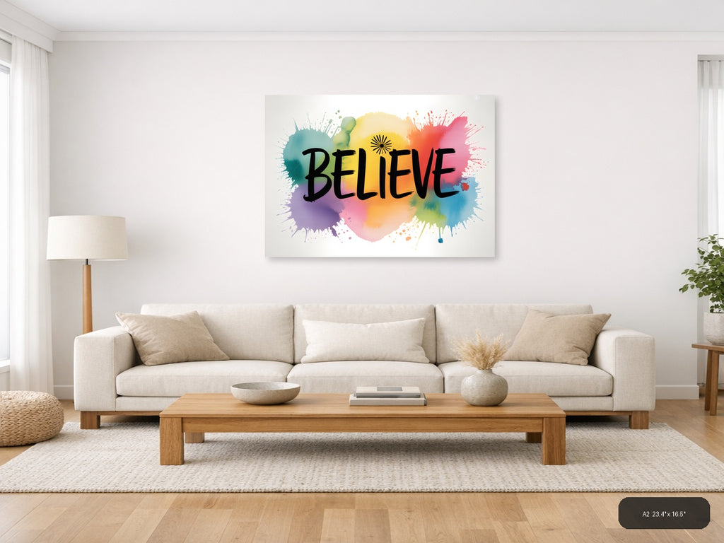 Believe Watercolor Splatter Inspirational Wall Art — A2 / Living Room