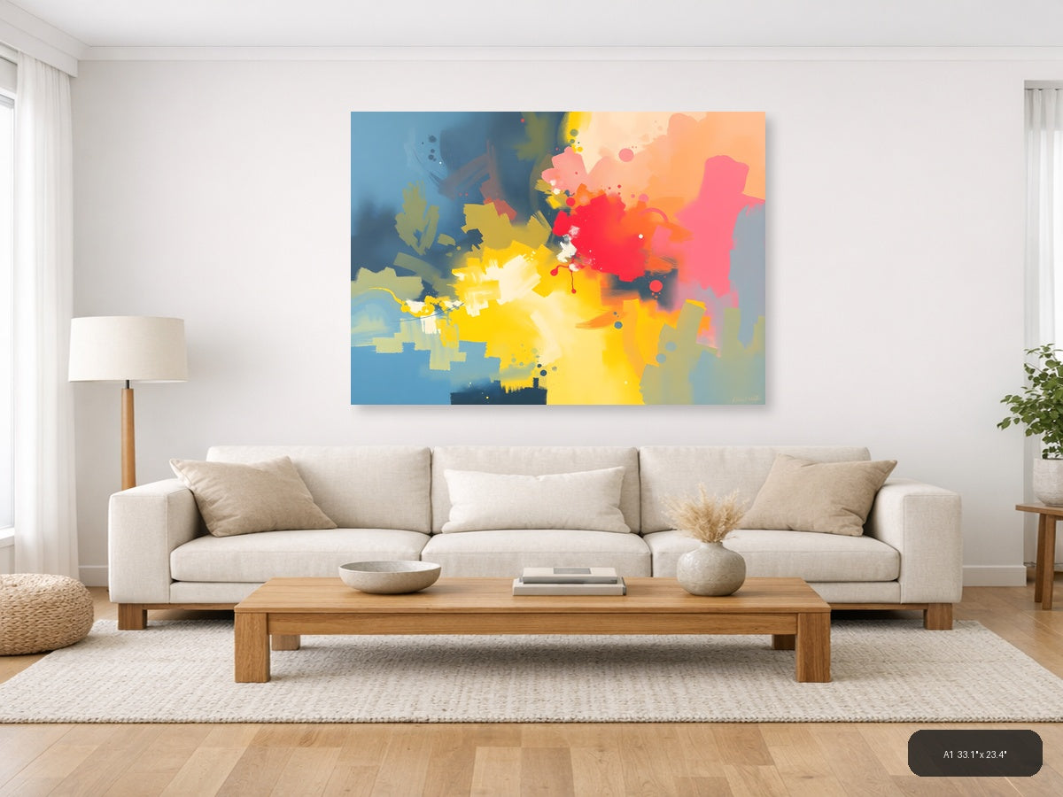Vibrant Abstract Splatter Yellow Red Pink Blue Wall Art — A1 / Living Room