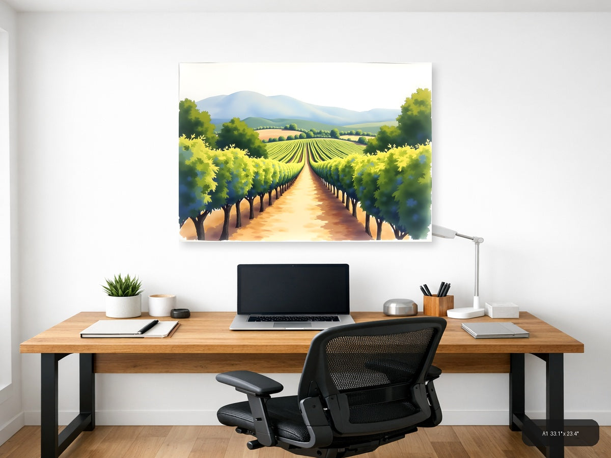 Vineyard Valley Watercolor Landscape Wall Art — A1 / Office