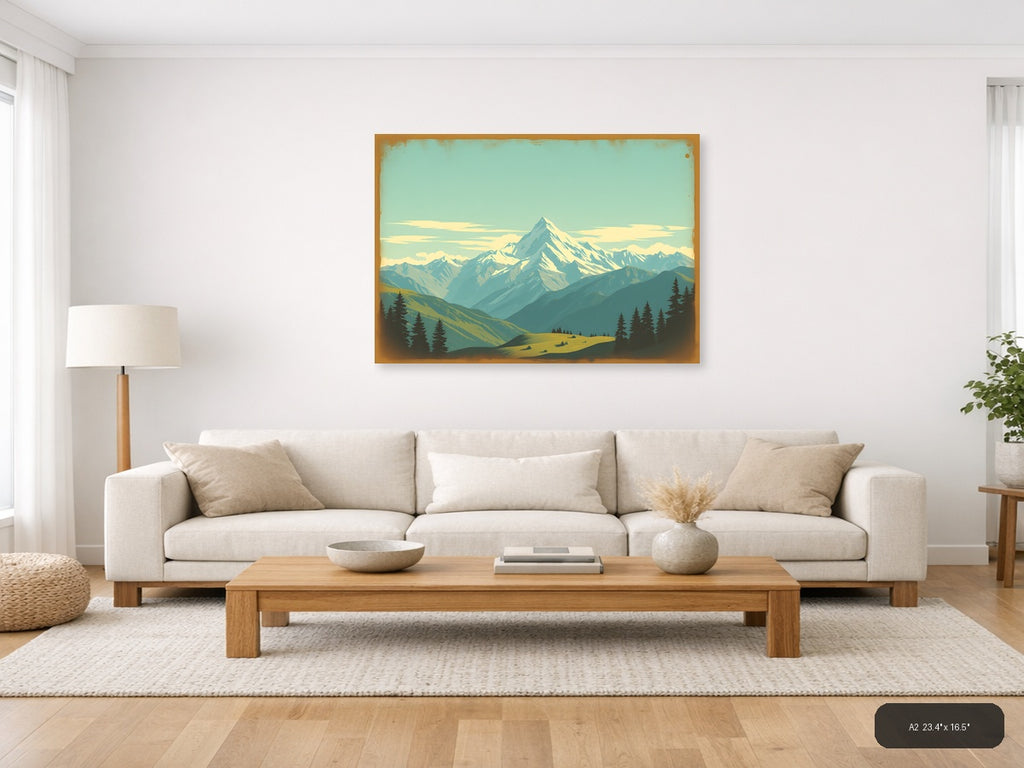 Vintage Alpine Mountain Landscape with Snow Peaks Wall Art — A2 / Living Room