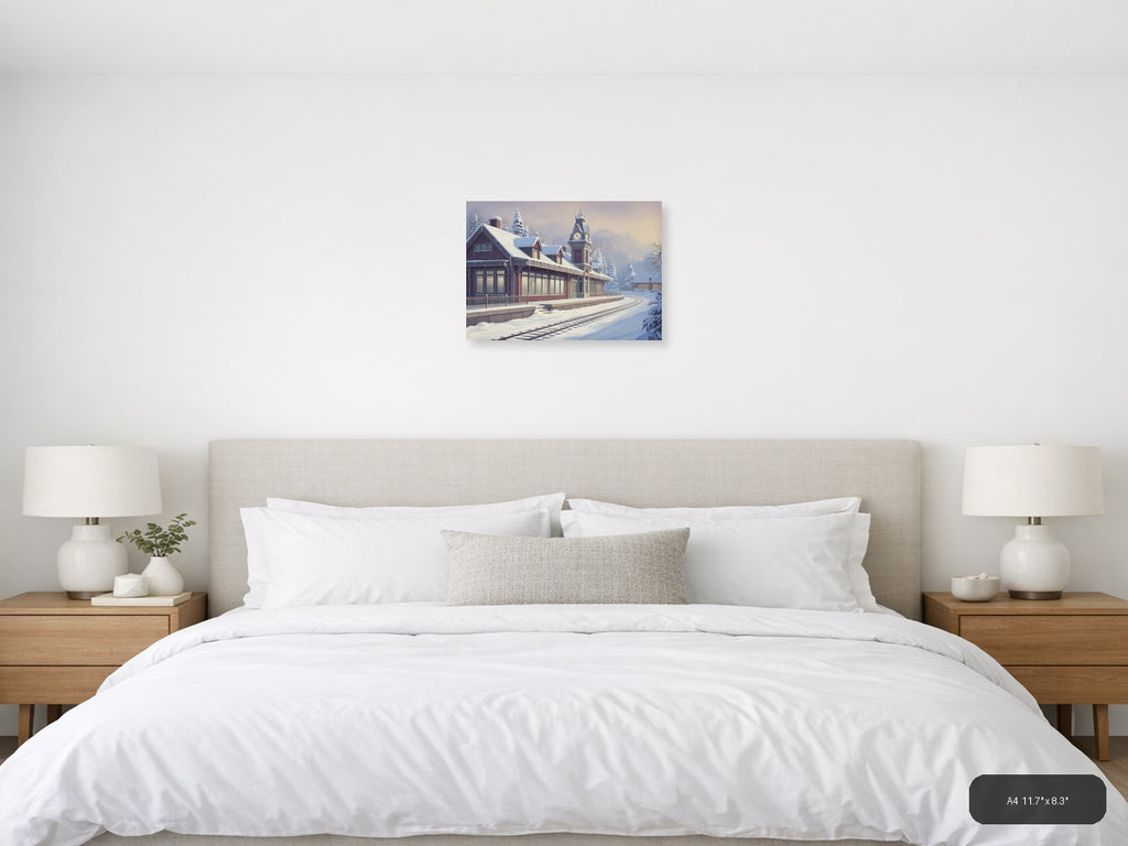 Vintage Snow-Covered Railway Station Clock Tower Wall Art — A4 / Bedroom